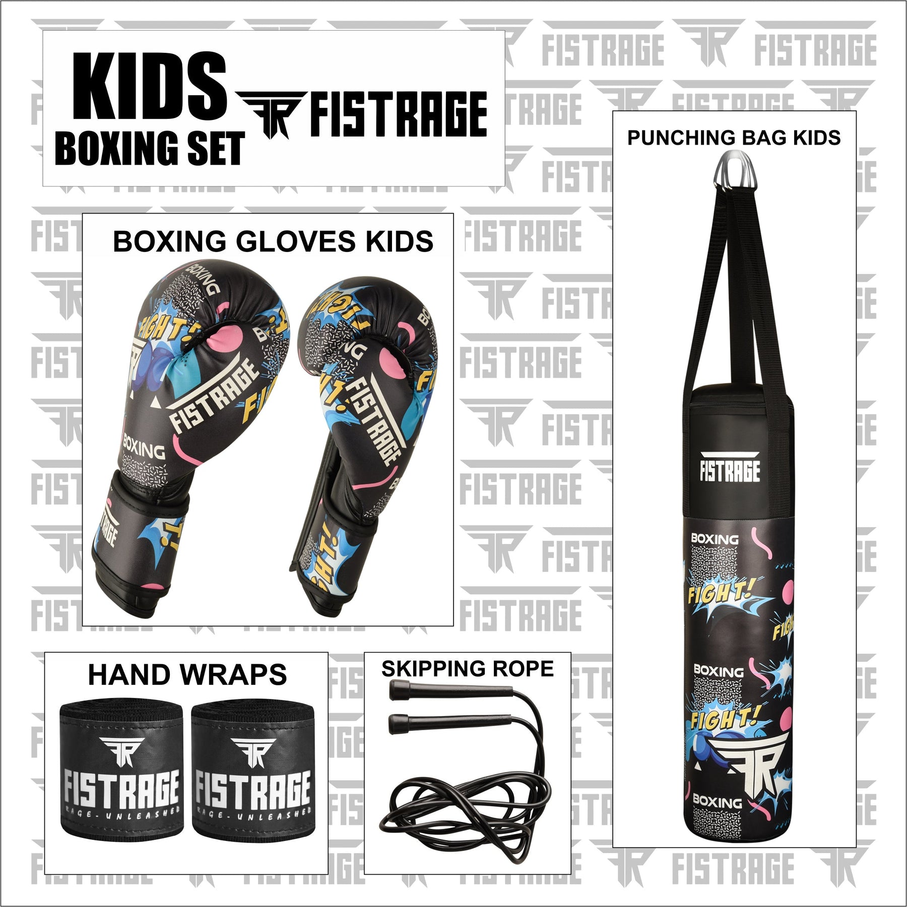 boxing set, kids boxing set, punch bag, boxing gloves, skipping rope, hand wraps, fistrage boxing set,
