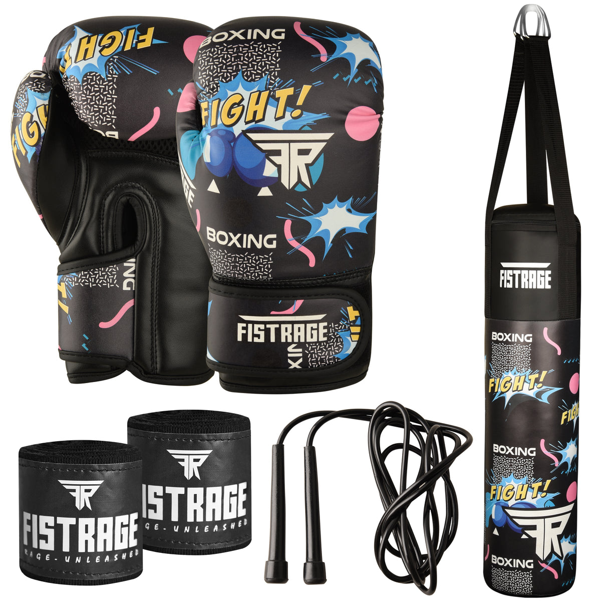 boxing set, kids boxing set, punch bag, boxing gloves, skipping rope, hand wraps, fistrage boxing set,