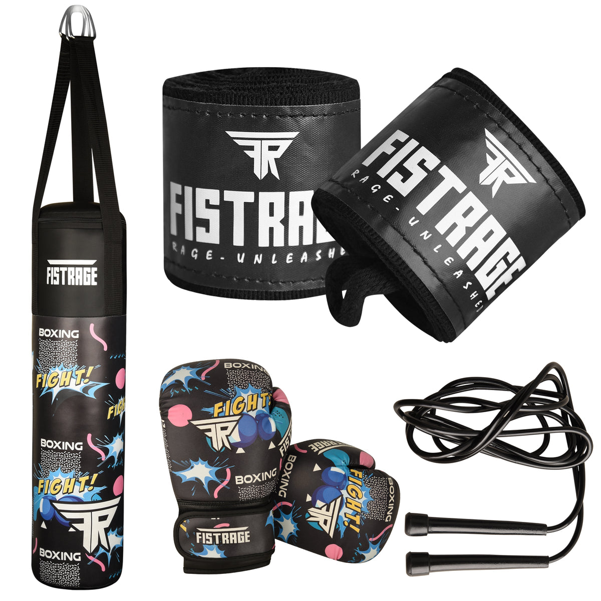 boxing set, kids boxing set, punch bag, boxing gloves, skipping rope, hand wraps, fistrage boxing set,