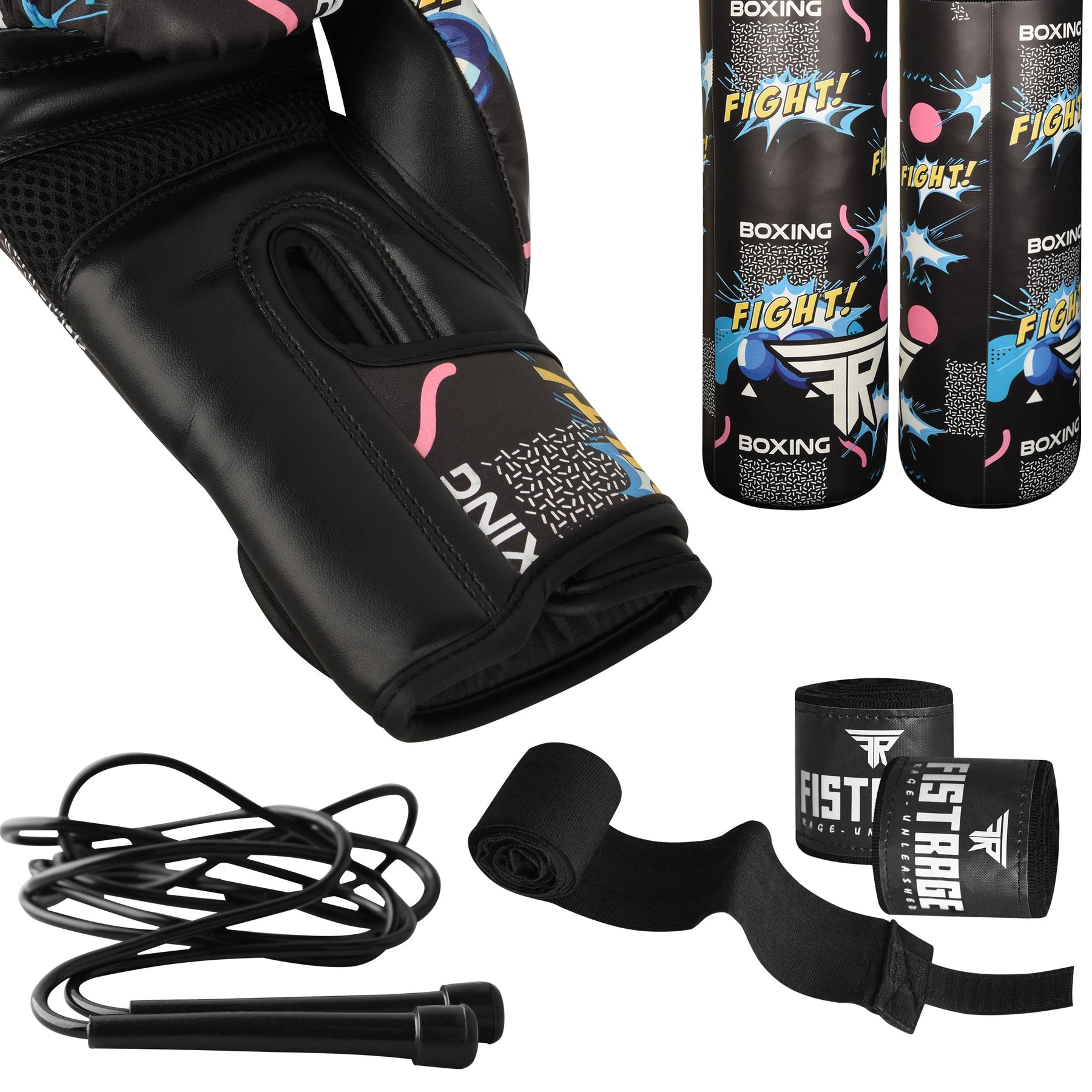 boxing set, kids boxing set, punch bag, boxing gloves, skipping rope, hand wraps, fistrage boxing set,