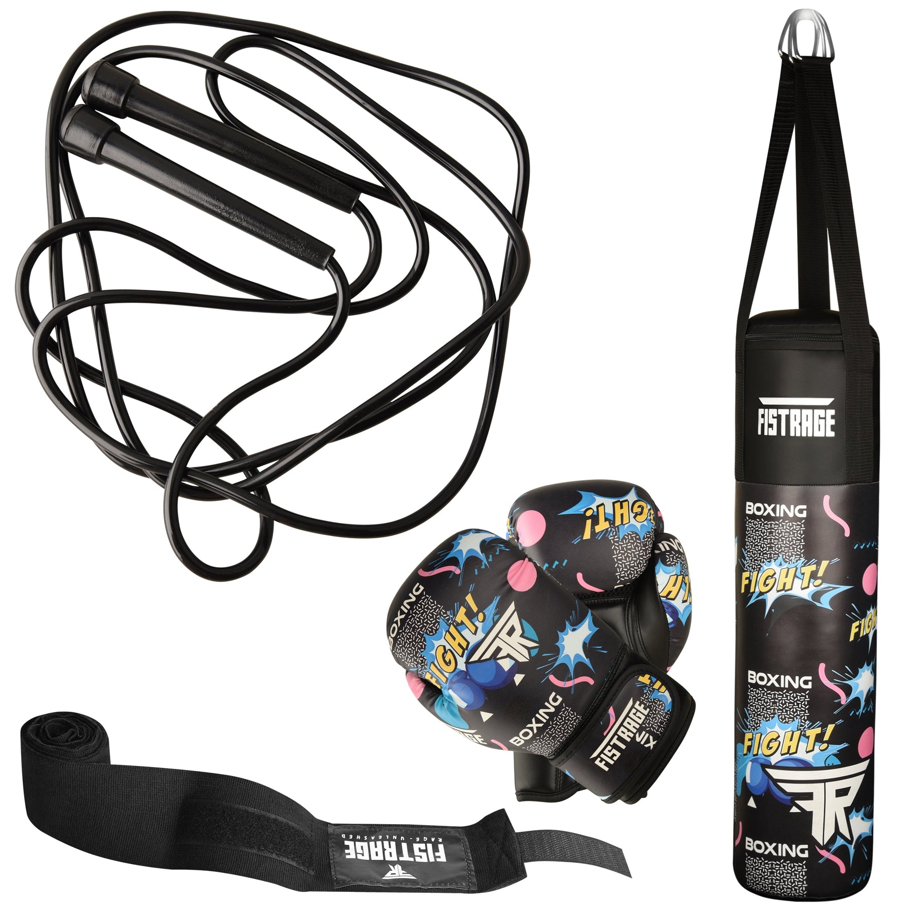 boxing set, kids boxing set, punch bag, boxing gloves, skipping rope, hand wraps, fistrage boxing set,