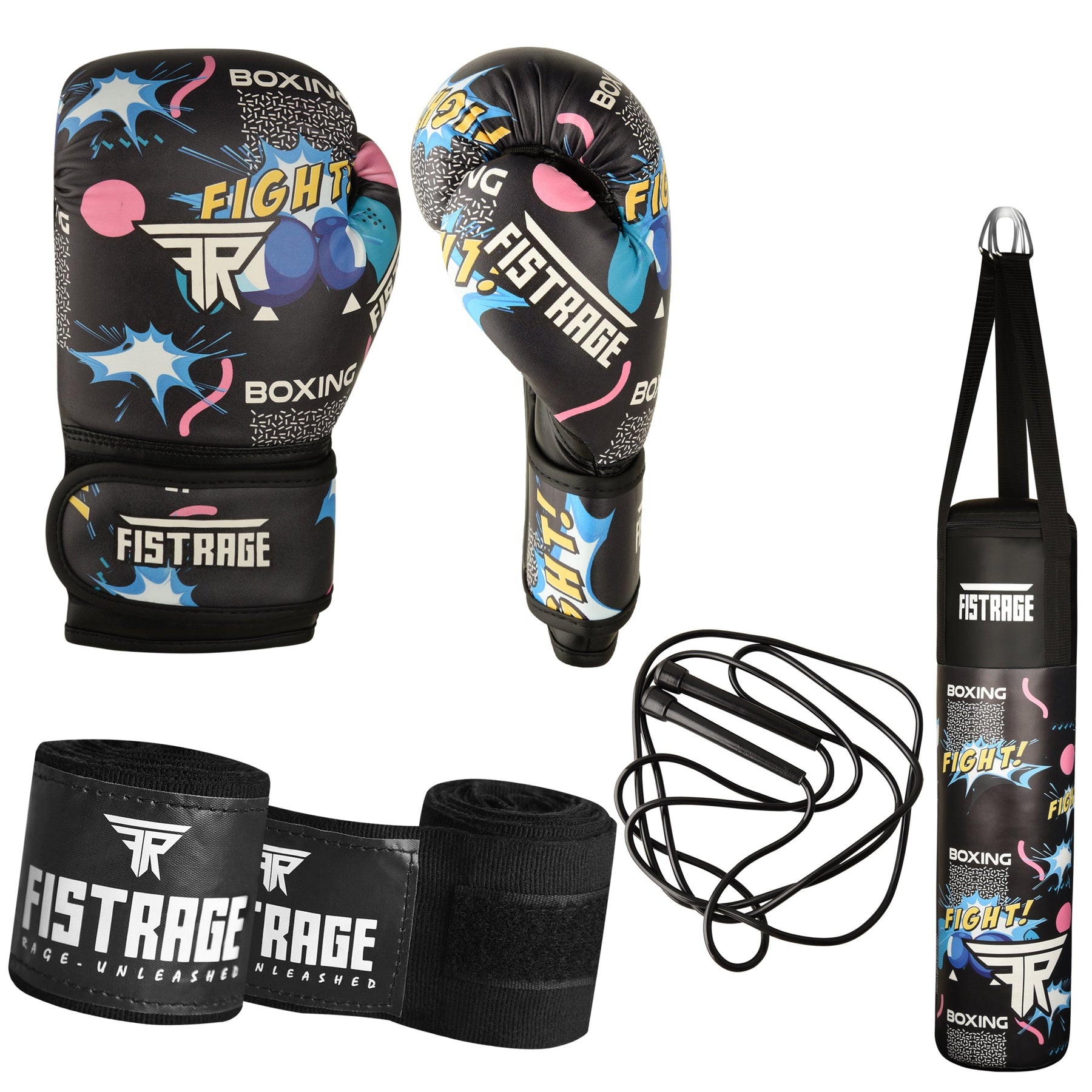 boxing set, kids boxing set, punch bag, boxing gloves, skipping rope, hand wraps, fistrage boxing set,